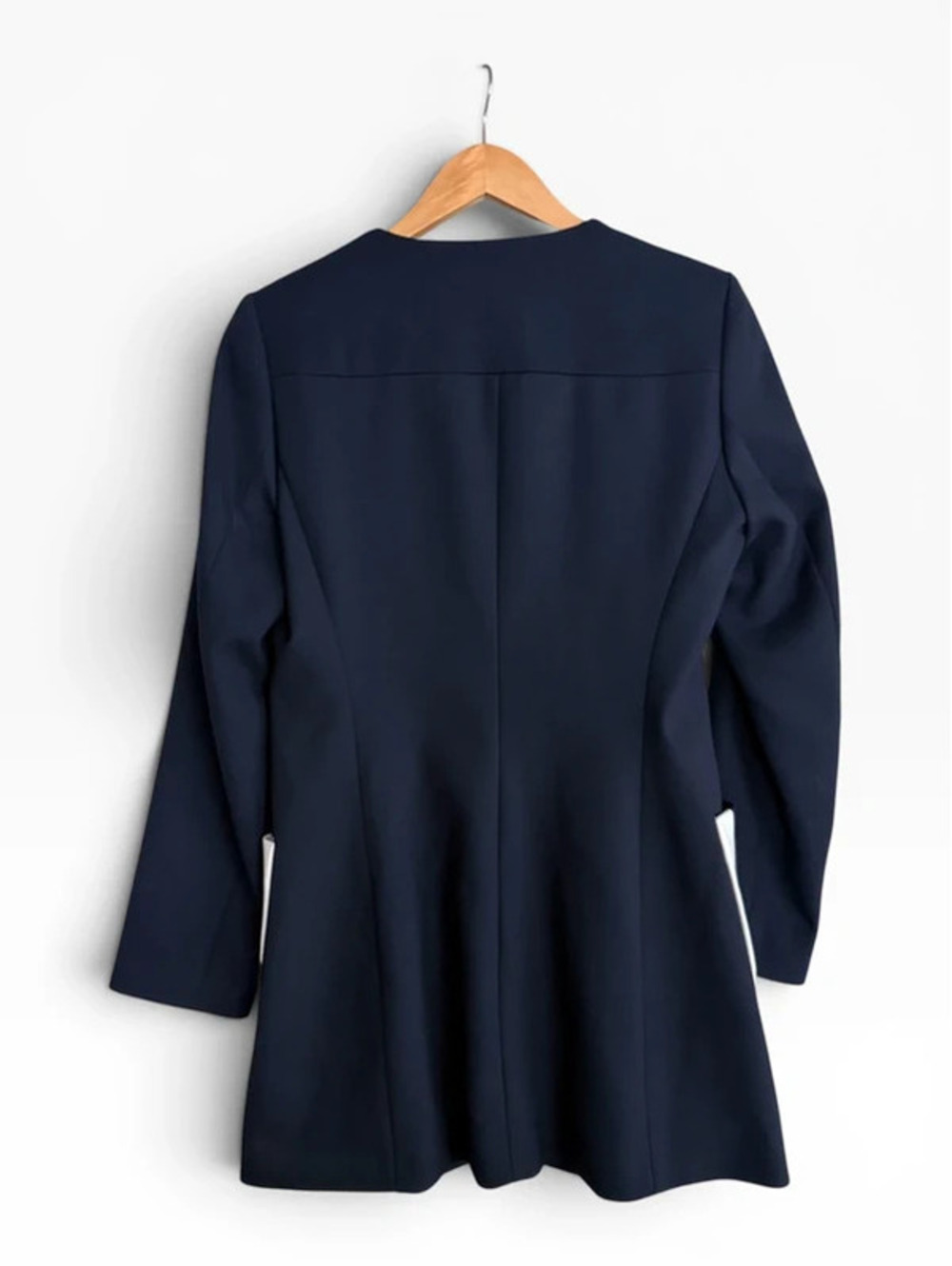 Zara Basic Zip Up Round Neck Frock Coat Blazer Jacket Navy Blue White Trim Mod M - Picture 8 of 9